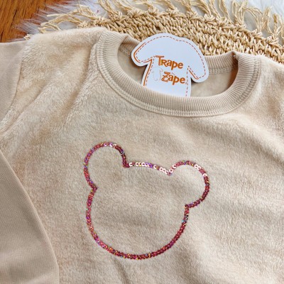 Conj. Casaco de Moletom com Pelinho e Calça Legging Ursinhas - Areia 